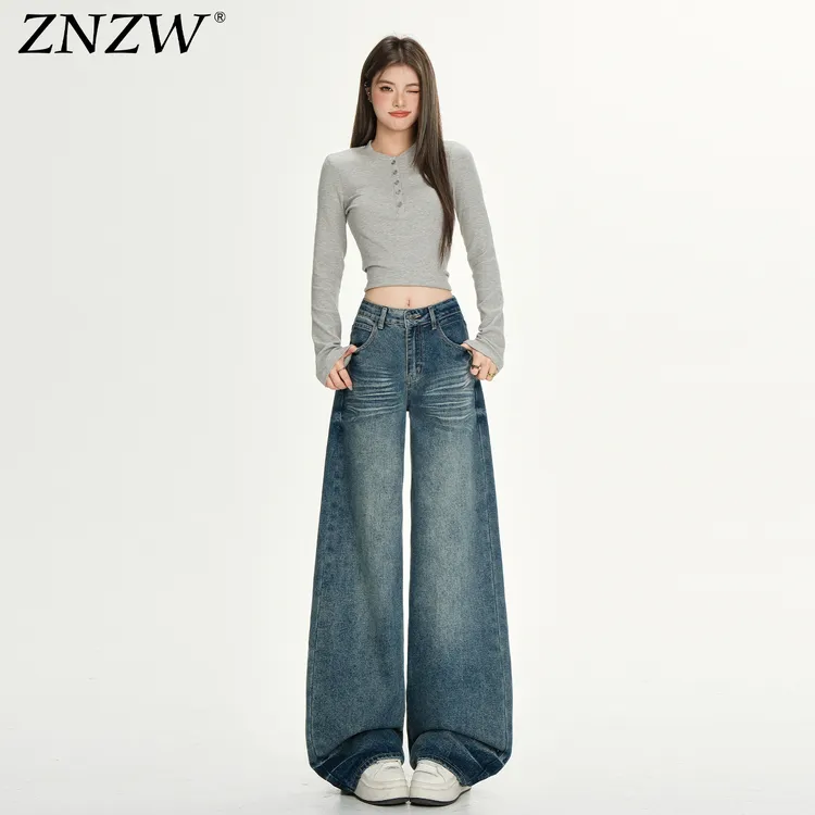 ZNZW美式高腰牛仔裤阔腿宽松秋2025新款做旧复古宽松垂感直筒裤女