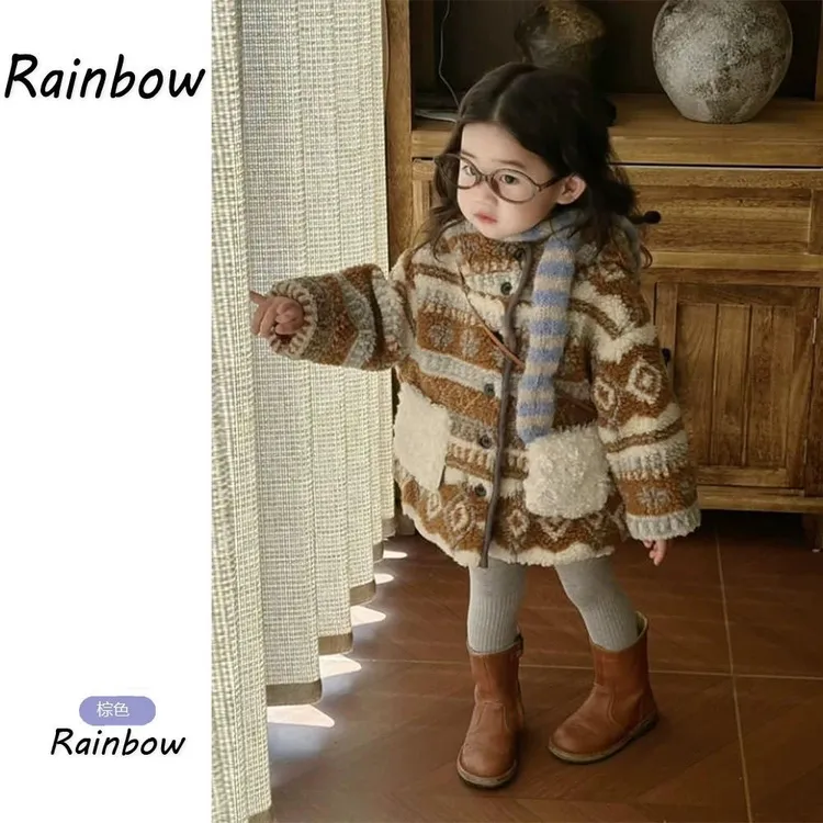 女童外套2025新款秋冬儿童洋气时尚百搭保暖宽松连帽羊羔毛开衫潮