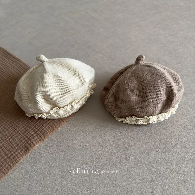 韩版蕾丝女宝宝贝雷帽秋冬季保暖防风婴儿童毛线帽子洋气2024新款