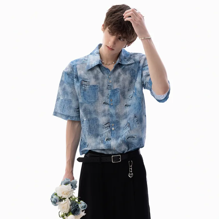 CHOR设计师款男装夏季休闲男士牛仔英伦雅痞风短袖衬衫薄款上衣