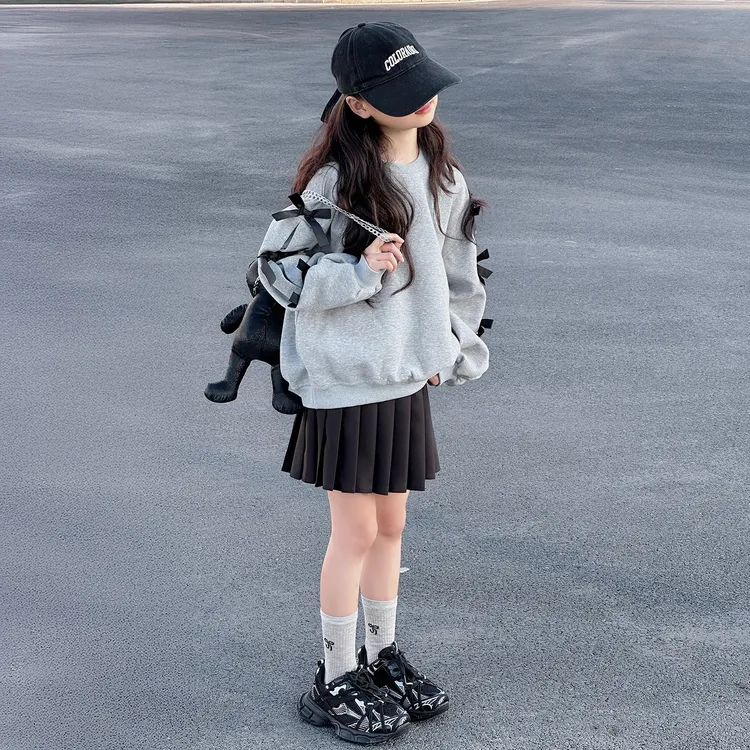 女童韩版宽松卫衣2025新款女孩秋季洋气蝴蝶结长袖儿童超好看上衣
