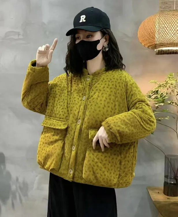 #6880新款冬季百搭时尚大口袋印花减龄单排扣拼接保暖棉衣外套