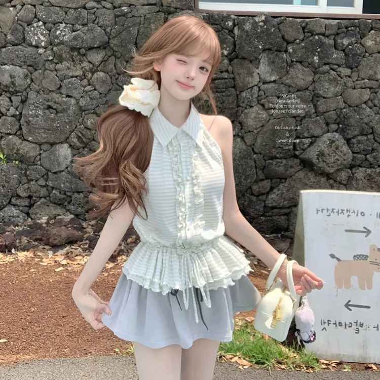 【 巴黎手风琴】时尚条纹抽绳设计无袖上衣配显瘦灰色蓬蓬短裙套装