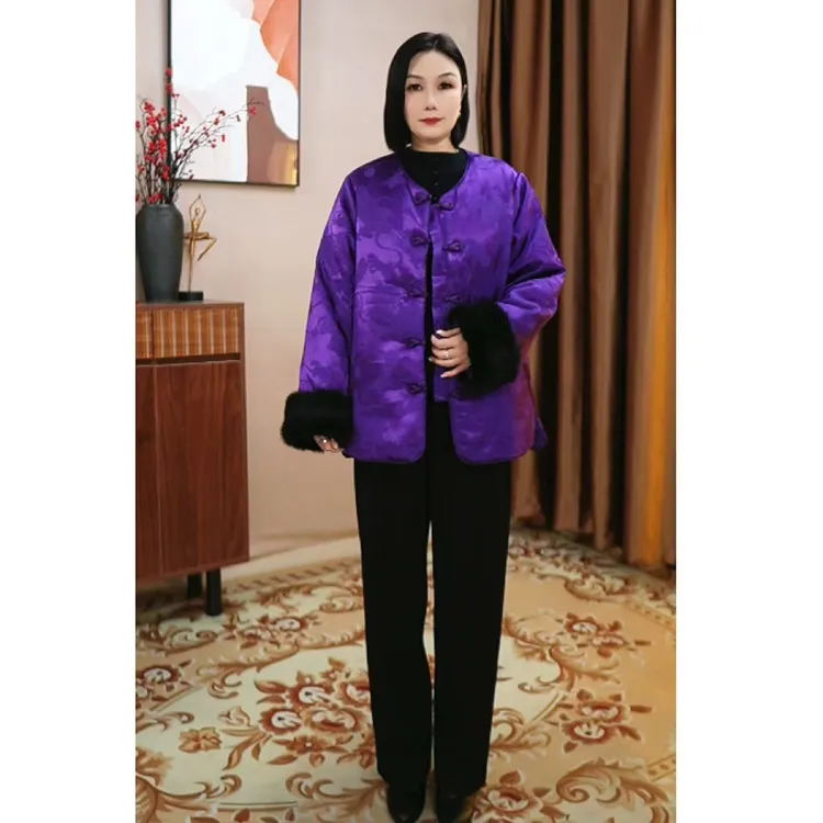 大码女装高端真水貂毛新中式提花棉服国风盘扣加厚夹棉外套妈妈装