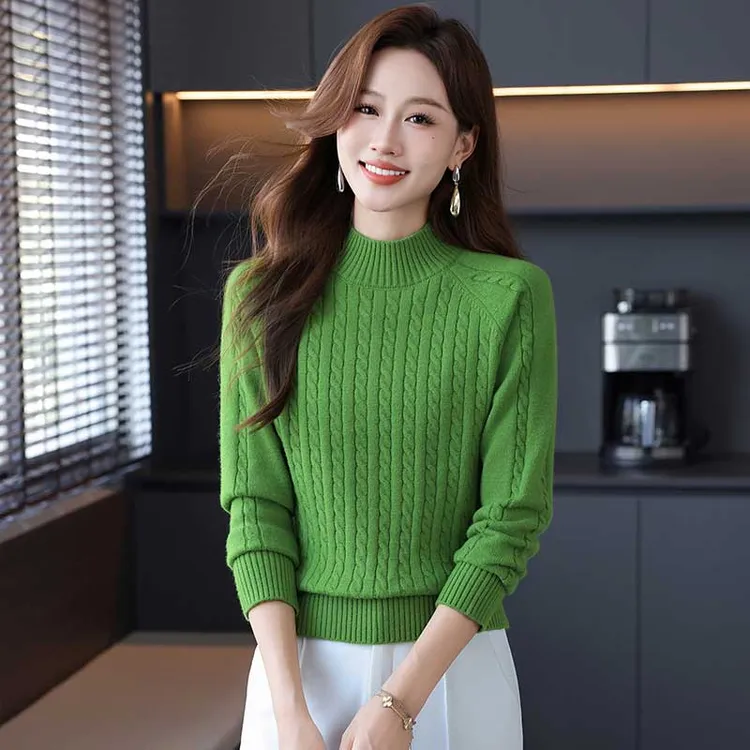 秋冬半高领衫保暖羊毛针织衫加厚保暖毛衣女麻花提花百搭打底衫