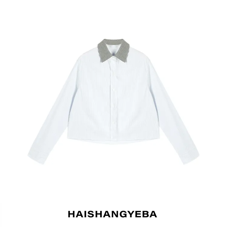 【海上叶爸】新款2025春秋百搭棉翻领短款单排扣衬衫