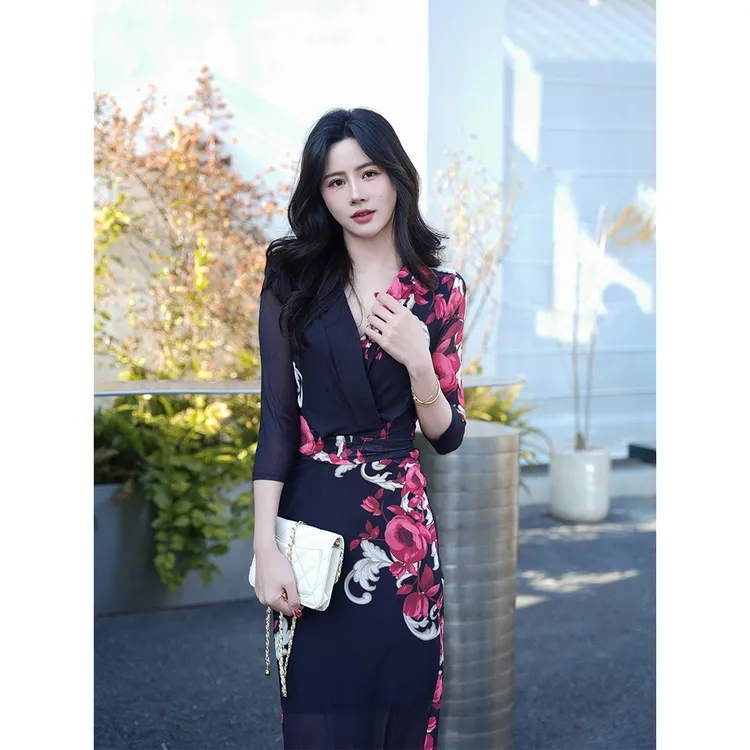 裹身裙古典气质优雅印花网纱新中式国风黑色连衣裙显瘦夏季修身