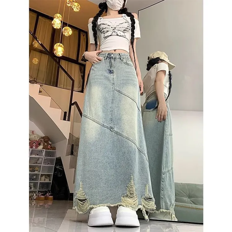 2025夏季新款高腰毛边破洞显瘦修身中长款字裙浅色开叉牛仔半身裙