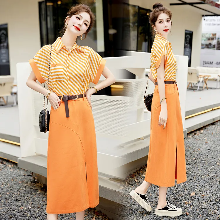 韩系气质条纹衬衫套装裙女2025年夏季新款设计感百搭半身裙两件套
