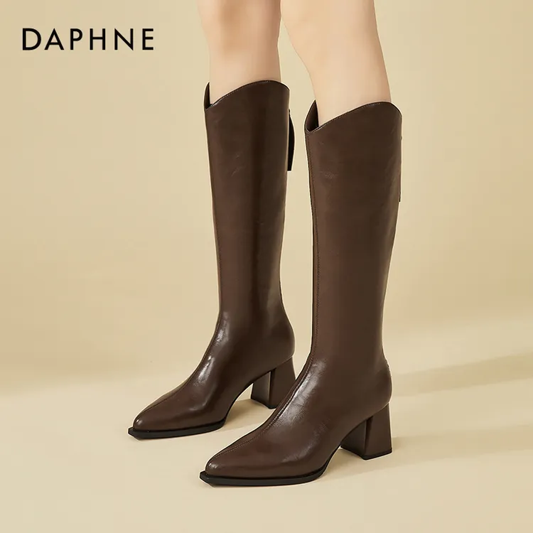 达芙妮高跟长筒靴女2024秋冬新款显瘦加绒瘦瘦靴子厚底高筒骑士靴