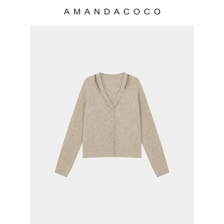 法式小调～25秋冬轻奢v领串珠闪闪亮片氛围感针织衫