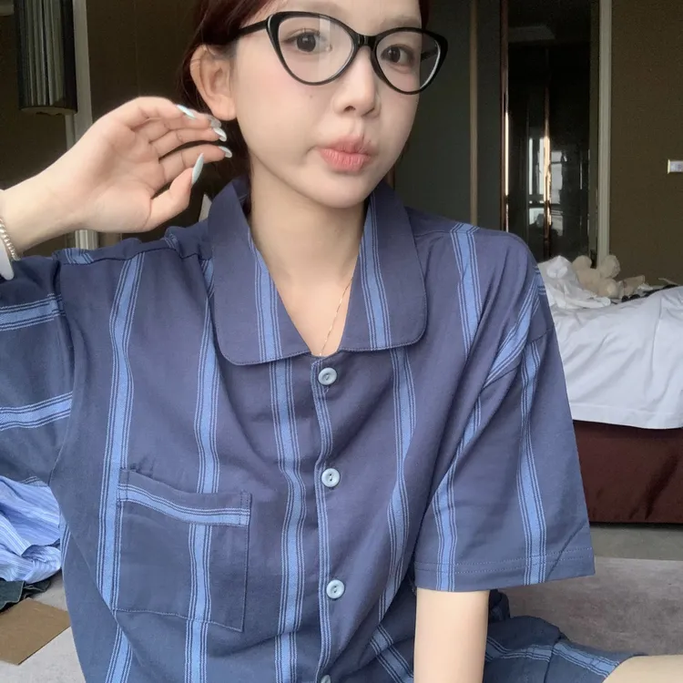 ins韩风高级感条纹纯棉女士睡衣两件夏季短袖短裤2025年新款