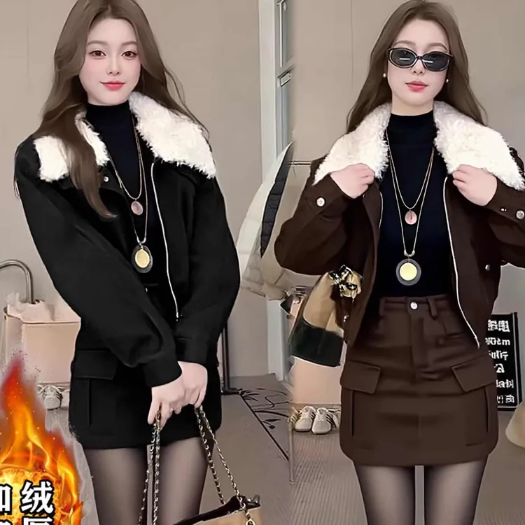 【加棉加厚】【两件套】休闲风时尚套装短外套网红裙套装QY0119