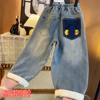 【加绒】百搭洋气秋冬新款中大童潮流后兜耳机牛仔裤S9693