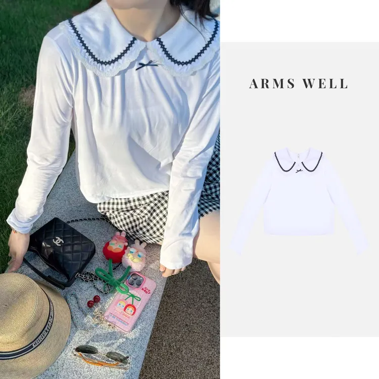 ARMS WELL王囡囡 白色撞色蝴蝶结翻领后镂空长袖T恤 L114