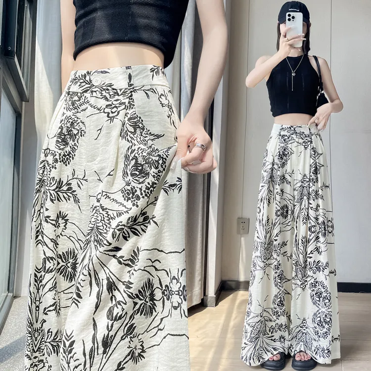 复古碎花亚麻阔腿裤女夏季宽松显瘦慵懒松弛感冰丝直筒拖地裤8452