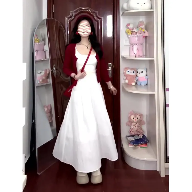 2025夏季新款女法式温柔薄款长袖针织开衫气质收腰显瘦吊带连衣裙