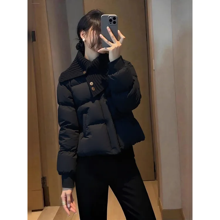 设计感拼接针织大翻领保暖棉服外套2025冬季新款黑色简约棉袄上衣