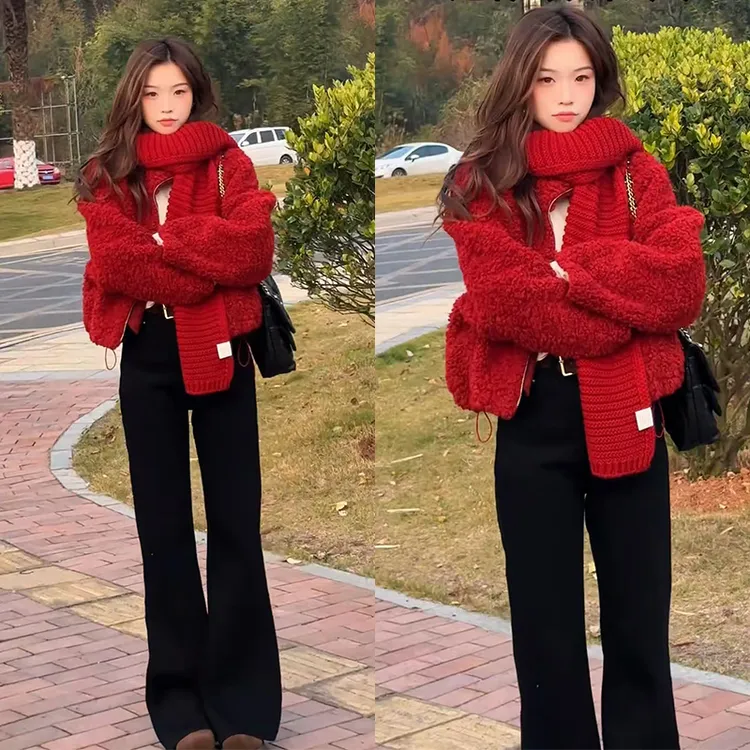 新年穿搭一整套2025年新款韩系简约百搭外套高腰休闲裤两件套装