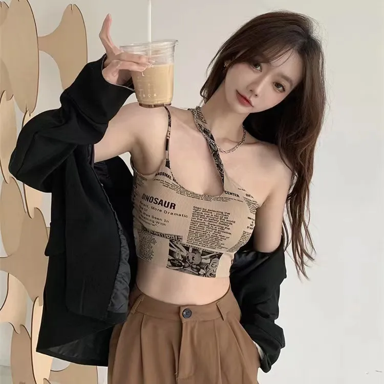 冰丝斜肩带报纸印花美背内衣纯欲显瘦小心机纯欲露肩吊带背心女
