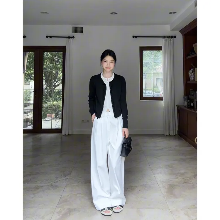 郭九九呢 羊毛假两件拼色花边针织衫简约百搭阔腿长裤 G925Z14961