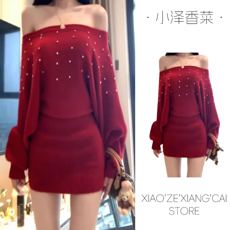 圣诞节氛围感穿搭红色一字肩打底针织连衣裙女秋冬修身包臀短裙子
