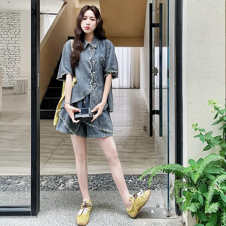 韩系水洗毛边衬衫牛仔衬衫阔腿裤套装两件套女夏季气质一整套ootd