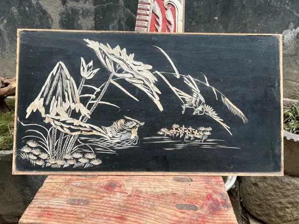 老物件木雕阴刻荷花抬头见喜