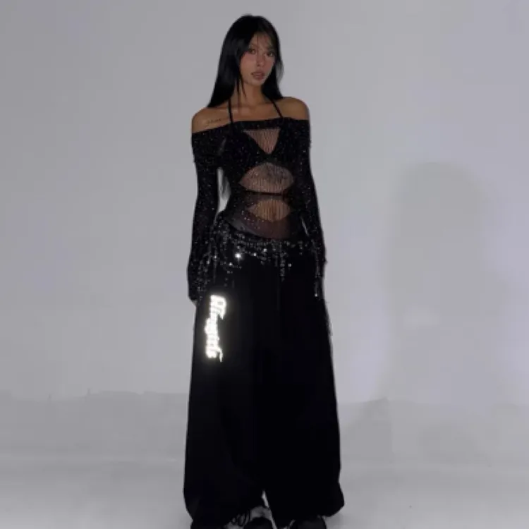 BLINGGIRLS同款辣妹布韩街舞潮牌爵士舞肚皮舞烫钻性感连裆长上衣