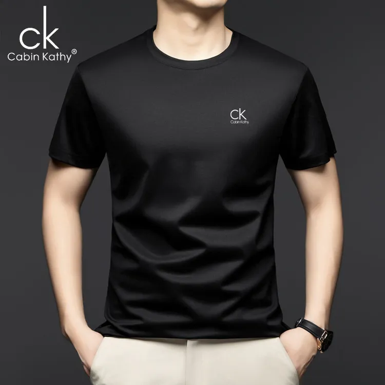ck正品2025年夏季新款男士t恤短袖圆领纯色冰丝桑蚕丝高级半袖T恤