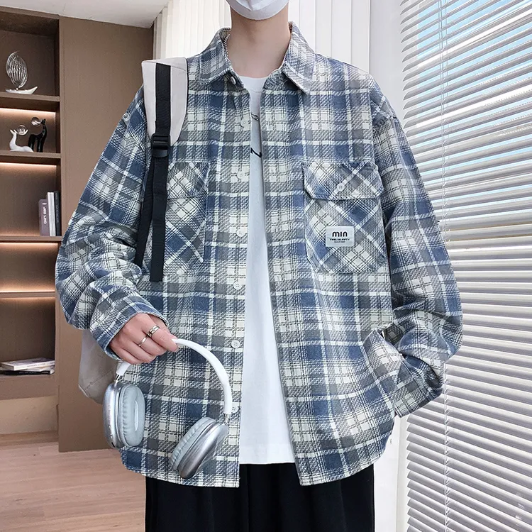 纯棉衬衫水洗外套男款秋季青少年港风宽松翻领夹克帅气格子上衣服
