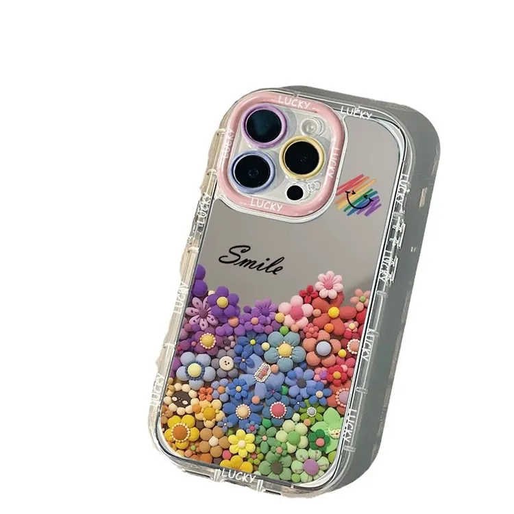 可爱彩虹笑脸镜面适用16promax手机壳苹果15新款14华为vivo小米