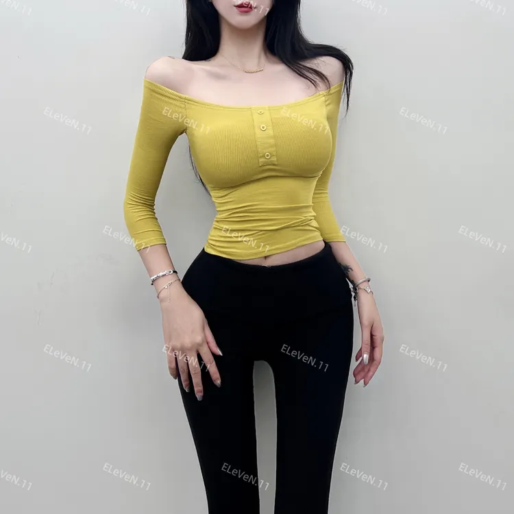 辣妹风性感漫画胸一字领七分袖T恤女秋季带胸垫修身显瘦打底上衣