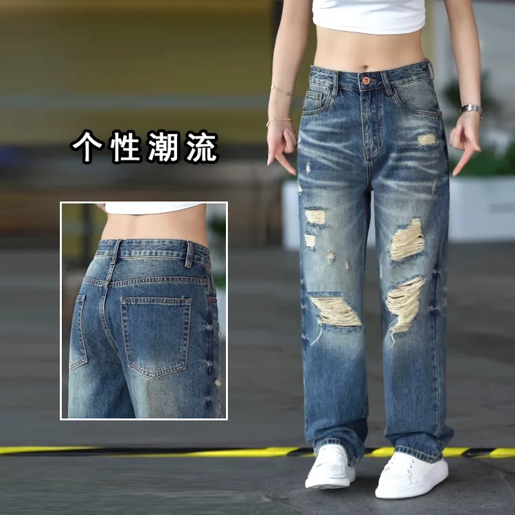 美式复古牛仔裤男款时尚潮流韩版直筒长裤痞帅潮流破洞男士休闲裤