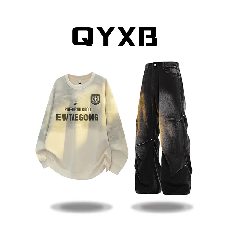 【品牌正品现货】QYXB长袖男士印花潮流宽松百搭上衣服休闲圆领卫衣