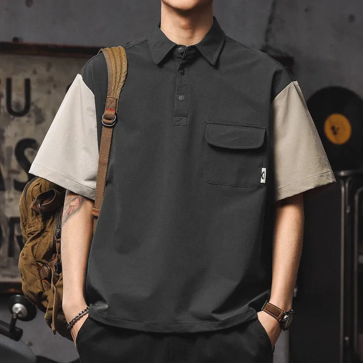 山系工装衬衫男高级感痞帅撞色拼接Polo衫夏季户外凉感速干短袖潮