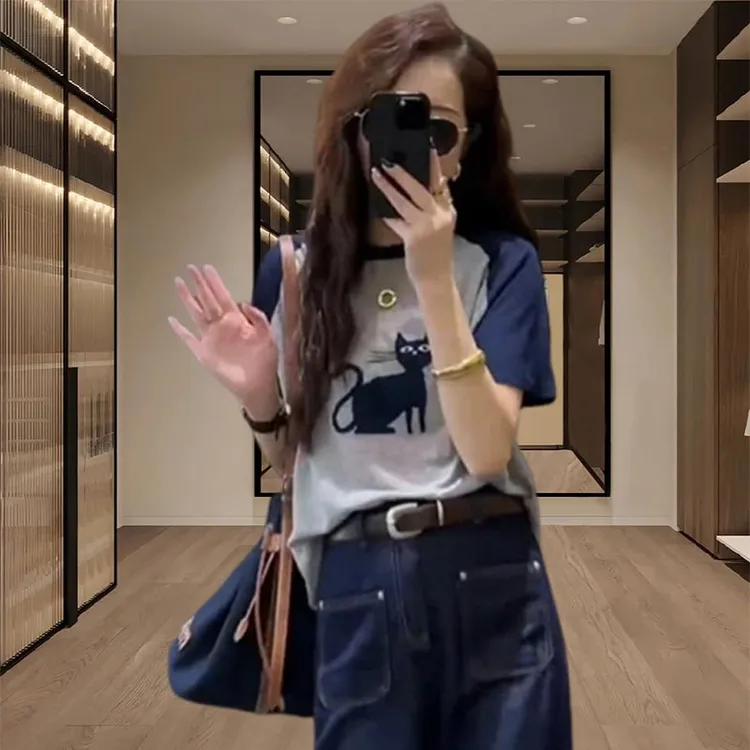 香朵儿小个子穿搭减龄上衣牛仔裤2026夏季新款卡通印花两件套女