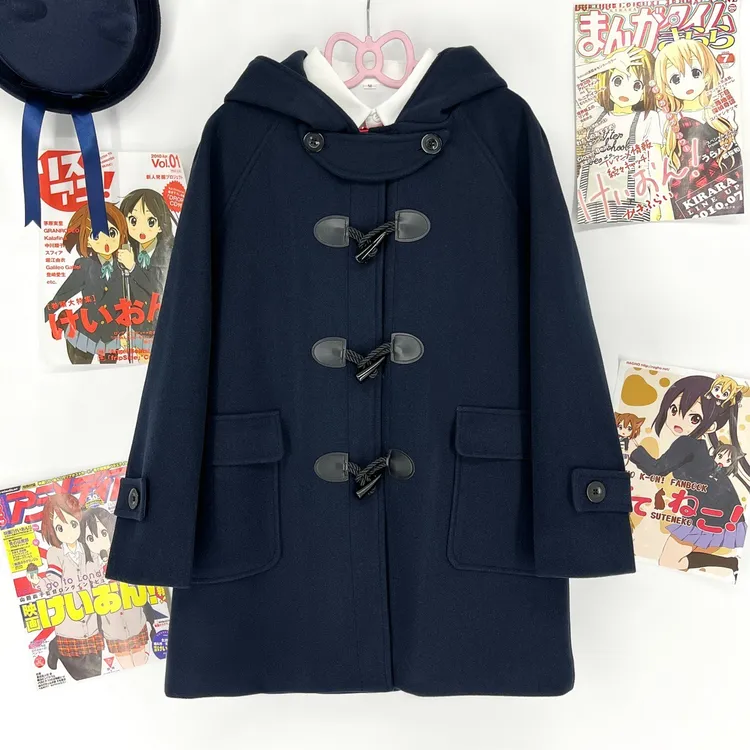 夹棉牛角扣大衣喉部锁扣款秋冬JK制服学院风中长款连帽毛呢外套女