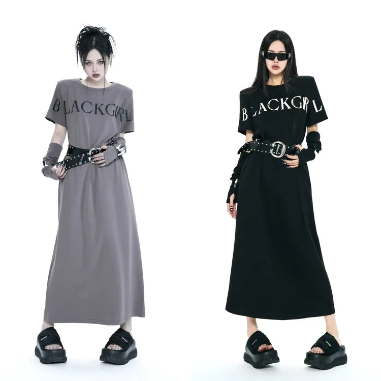 Blackgirl新款【玩玩而已】 原创工装风直角肩辣妹拽姐短袖连衣裙