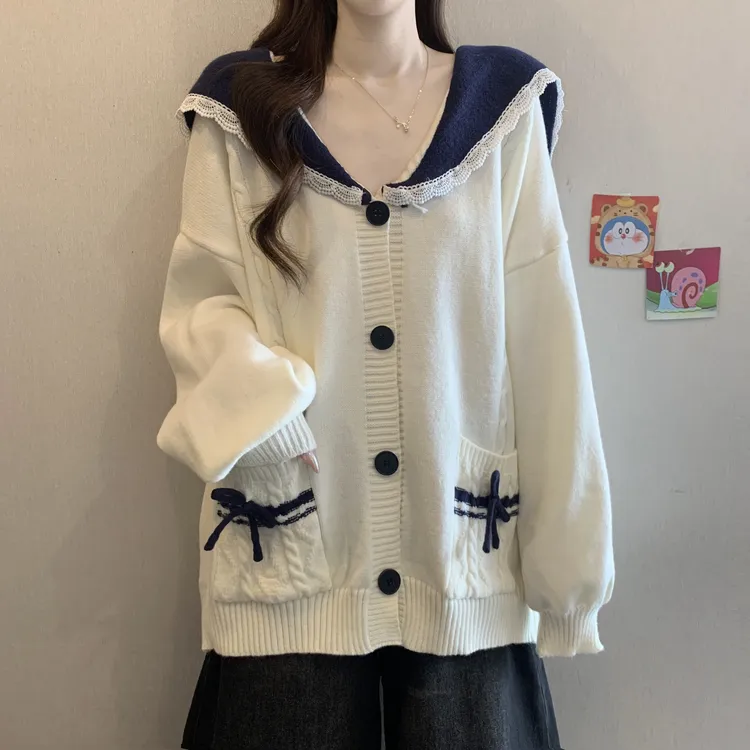 甜美减龄海军领毛衣外套女装秋冬2025新款大码胖mm宽松慵懒针织衫