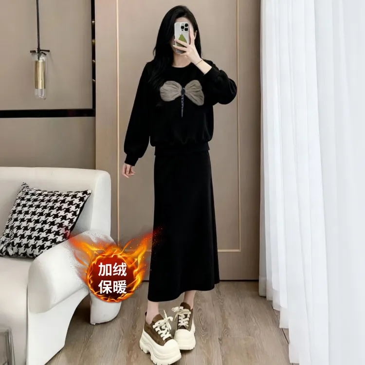 加绒时尚运动卫衣套装女秋冬季新款圆领上衣半身裙减龄显瘦两件套