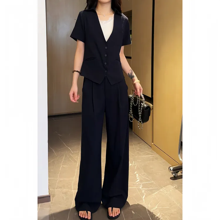 【XINRU心如】夏季时尚套装女V领小马甲上衣阔腿裤休闲两件套TT620