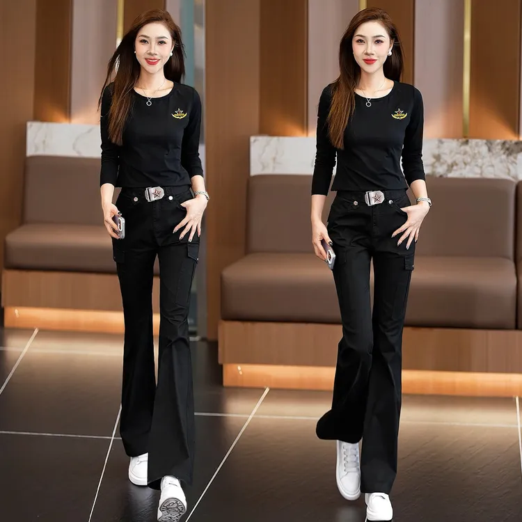 正品显瘦军绿色长袖迷彩服套装女春秋季新款上衣微喇工装裤两件套