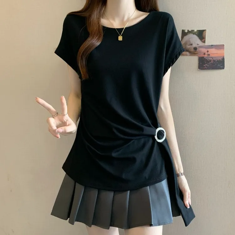 大码设计感侧扣短袖T恤女夏季微胖MM修身显瘦百搭洋气小飞袖上衣