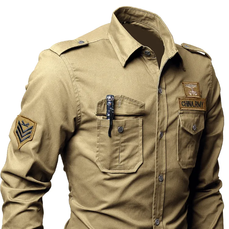 户外美式休闲工装衬衫纯棉宽松大码迷彩衬衣多口袋卡其色长袖上衣