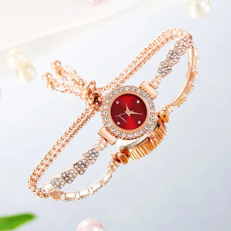 轻奢镶钻细链气质红圆盘时尚女士青碧手链表-红色8068