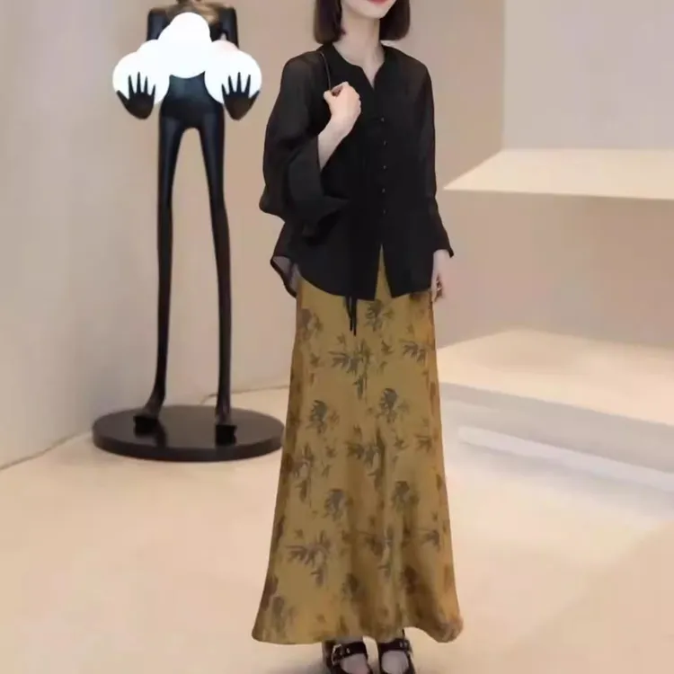中年女装2025秋季新款复古中式长袖衬衫高腰印花半身裙女两件套装