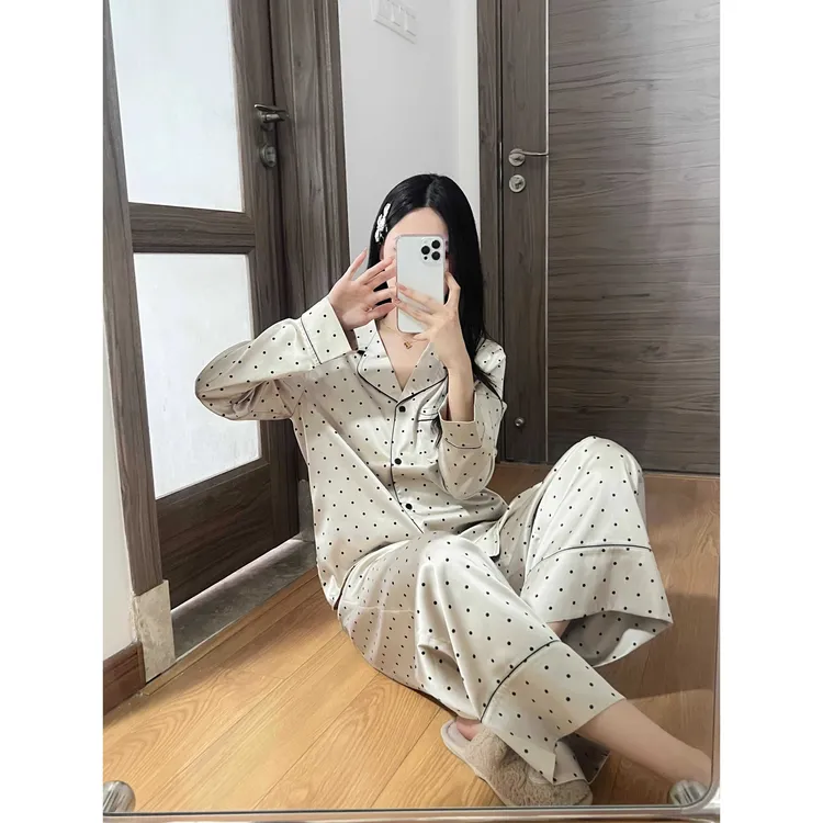 【波点印花】韩版高级冰丝长袖睡衣女夏秋季2025新款长裤家居服套装