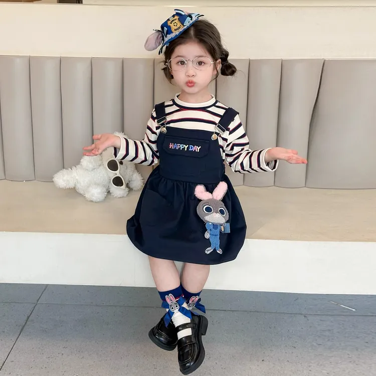 女童背带裙2025新款小女孩卡通条纹套装裙子女宝宝两件套洋气秋装