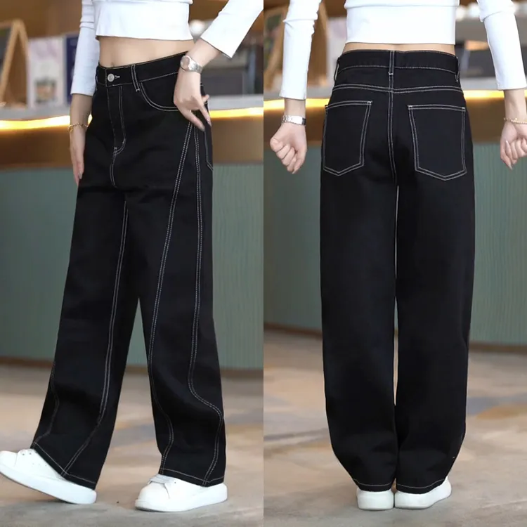 秋冬设计黑色牛仔男士潮流百搭感明线轮廓长裤韩版百搭宽松阔腿裤